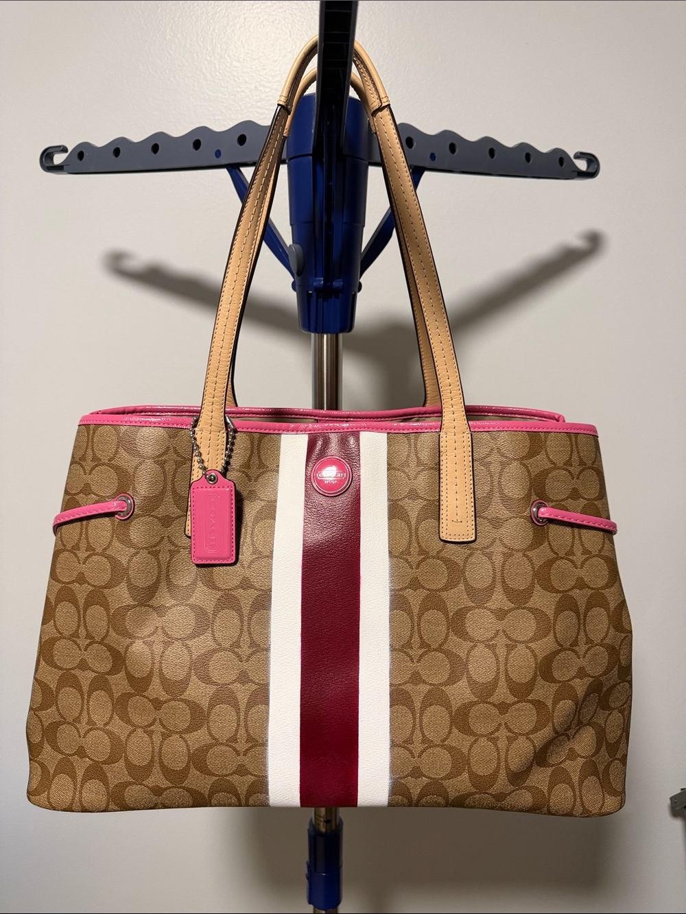 Coach Brown Signature Tote with Pink Trim and Burgundy Stripe